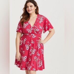 Torrid Plus Size Pink Floral Studio Cool Jersey Knit Faux Wrap Mini SunDress